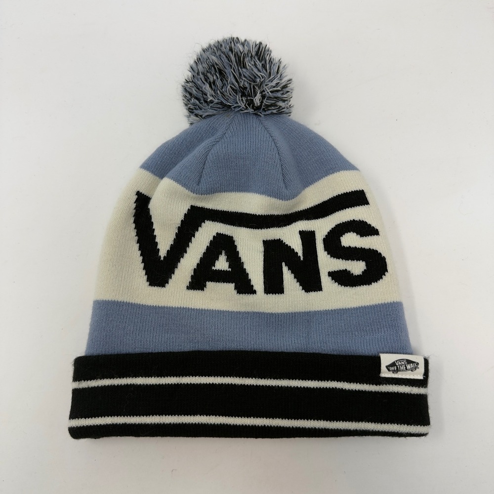 Vans Pom Beanie Blue White Black‎ Striped Logo Knit Hat One Size Fits Most